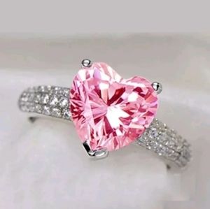 14k WG/Silver Pink Topaz Heart Diamond Cut Ring 7